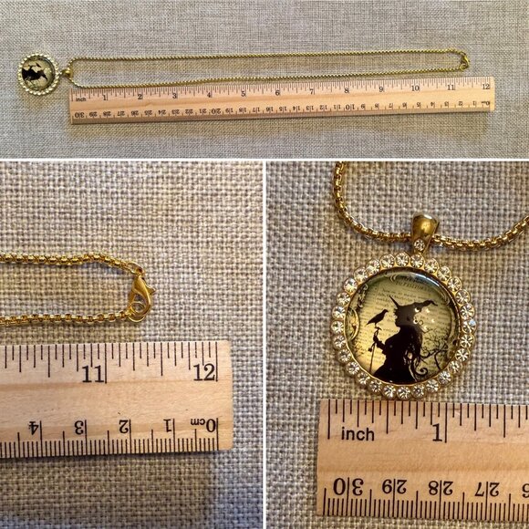 Wicked Witch Necklace 22in Gold Plated Silhouette Pendant Rhinestone Halo - Picture 7 of 11